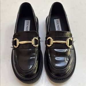 Girls Size 1 - Steve Madden Glossy Black Loafers with Gold Accent